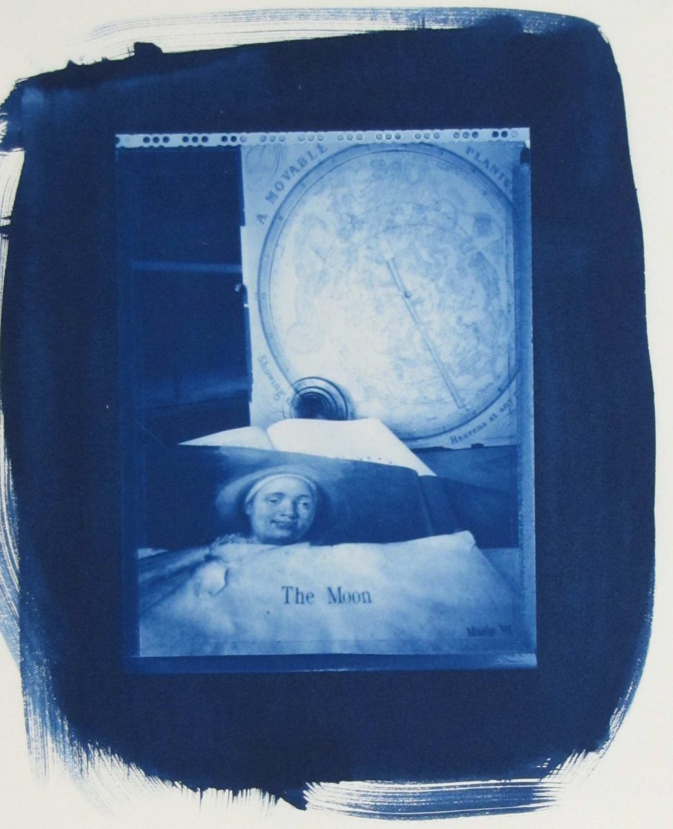 Jesseca Ferguson (American, b. 1949). The Moon, 1999 Collage with pinhole ware cyanotype print, Collection of The William Benton Museum of Art