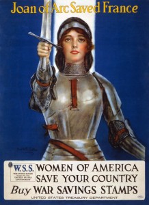 Joan of Arc Poster: Women of America save your country. Buy war savings stamps.
