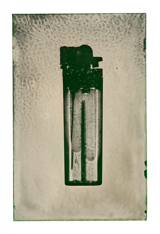 Green Lighter Collected on September 19 2018 (2019). Wet plate collodion on green glass, 7" x 4".