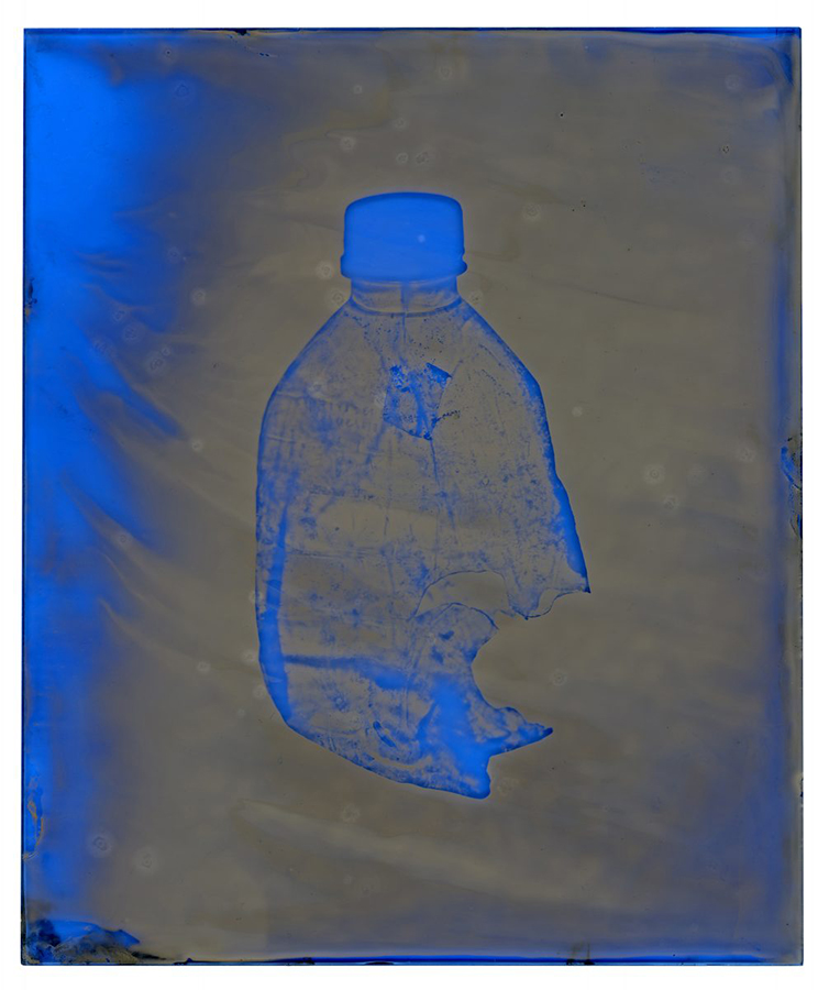 Water Bottle Collected on September 19 2018 (2019). Wet plate collodion on blue glass, 9" x 7". 