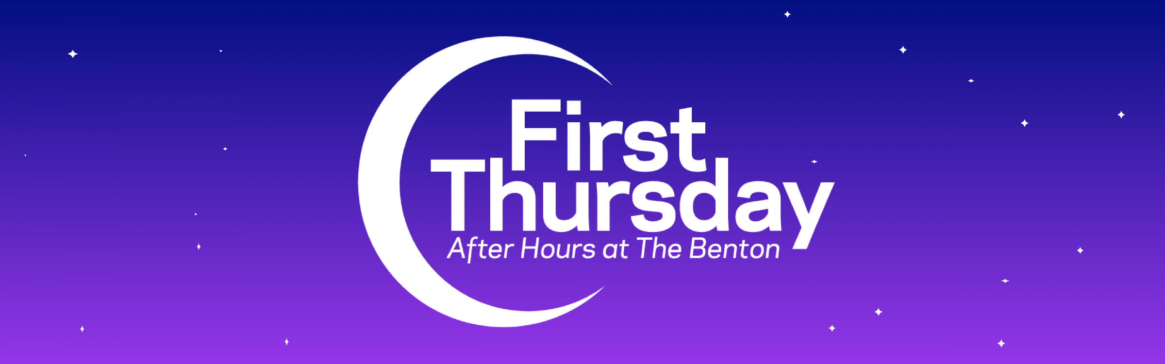 Blue and Purple Web banner with the text "First Thursday. After Hours at The Benton."